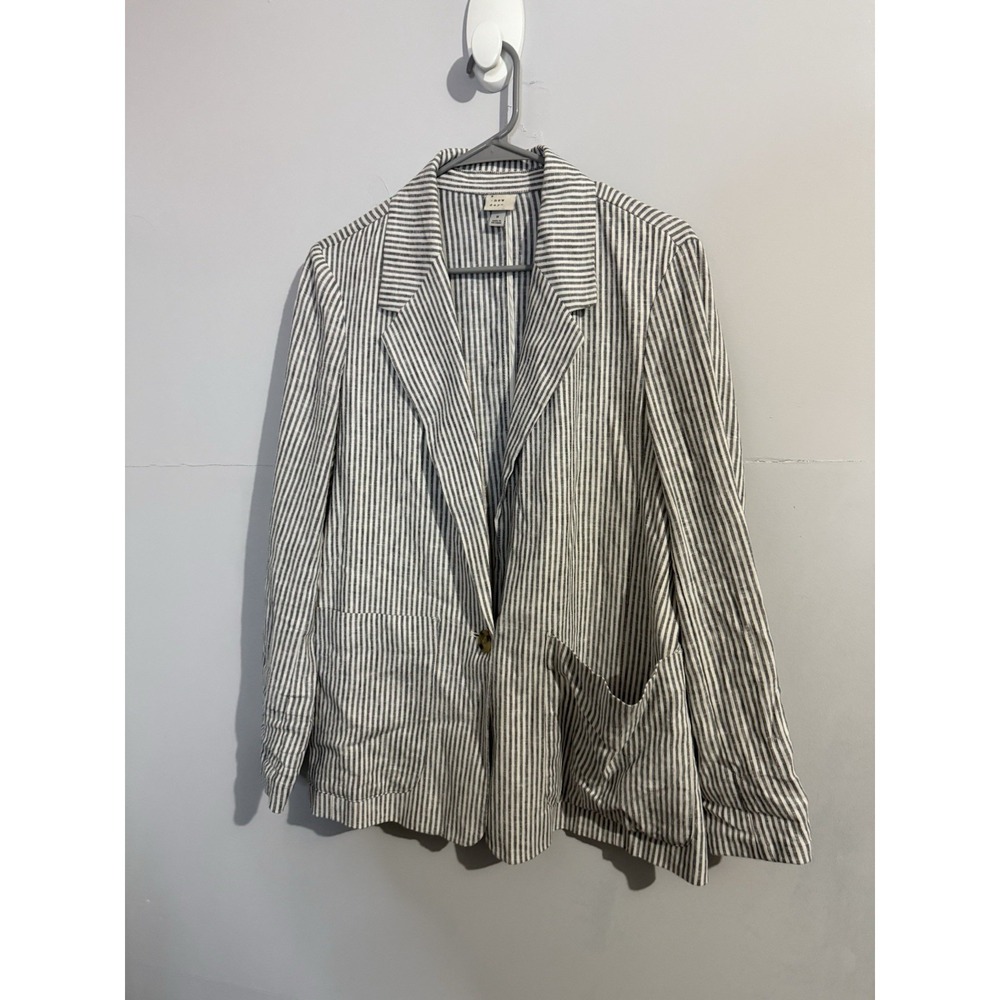 A New Day Linen Blazer Women M Gray White Nautical Stripe 1 Button‎ Relaxed Coat